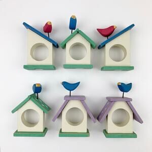 Set of 6 Birdhouse Napkin Rings Wood Colorful Table Decor Spring Birds